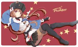 Rule 34 | 1girl, anchor, belt, black skirt, blue shawl, blush, boots, breasts, brown eyes, brown hair, brown thighhighs, cyrillic, fingerless gloves, fur hat, gloves, hair ornament, hairclip, hat, highres, kantai collection, long hair, looking at viewer, low twintails, mia (kuja999), miniskirt, pantyhose, papakha, red background, red shirt, russian clothes, shawl, shirt, shoes, skirt, small breasts, smile, solo, star (symbol), tashkent (kancolle), thigh boots, thighhighs, twintails