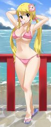 Rule 34 | 1girl, absurdres, armpits, arms behind head, beach, bikini, blonde hair, bow, breasts, curvy, fairy tail, female focus, flower, flower on head, highres, large breasts, looking at viewer, lucy heartfilia, nail polish, pink bikini, pink bow, planeptune, shiny skin, sky, smile, standing, swimsuit, thick thighs, thighs, twintails, yellow eyes