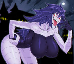 Rule 34 | 1girl, bandages, bent over, breasts, castle, chromatic aberration, colored skin, covered erect nipples, creatures (company), full moon, game freak, gen 1 pokemon, gengar, hanging breasts, huge breasts, long hair, moon, night, night sky, nintendo, open mouth, pale skin, personification, pokemon, purple hair, purple skin, red eyes, sky, smile, solo, spacezin, tongue, tongue out