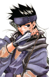 Rule 34 | 1boy, black hair, blue eyes, fishnets, headband, highres, kunai, male focus, ninja, peace maker kurogane, solo, weapon, yamazaki susumu, yamazaki susumu (peace maker kurogane)