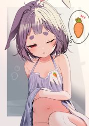 Rule 34 | 1girl, blush, border, carrot, dress, ears down, female focus, highres, hungry, medium hair, motto notto, navel, no panties, notched ear, one eye closed, open mouth, original, outside border, purple hair, rabbit ears, rabbit girl, red eyes, scratching, sitting, sleepy, solo, spoken food, thought bubble, waking up, white border