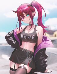 Rule 34 | 1girl, aqua eyes, bare shoulders, belt, belt collar, black choker, black jacket, black nails, black skirt, blurry, blurry background, breasts, chain, choker, cleavage, clothes writing, cloud, crop top, demon horns, ear piercing, earrings, garter straps, halo, heterochromia, highres, hololive, hololive english, horns, irys (hololive), irys (irys 2.0) (hololive), jacket, jewelry, large breasts, leaning, leaning on object, multicolored hair, nail polish, navel, open clothes, open jacket, piercing, pink eyes, ponytail, purple hair, red hair, side ponytail, sk jynx, skate park, skirt, sky, solo, star halo, tank top, thighhighs, virtual youtuber