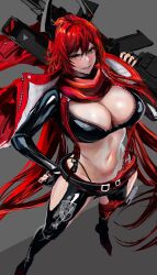 Rule 34 | 1girl, between breasts, breasts, full body, goddess of victory: nikke, gun, hand on own hip, highres, hip vent, holding, holding gun, holding weapon, horns, jacket, kyel hyde, large breasts, long hair, looking at viewer, mechanical horns, navel, open clothes, open jacket, red hair, red hood (nikke), red jacket, red scarf, red suspenders, rifle, scarf, sidelocks, sniper rifle, solo, stomach, strap between breasts, suspenders, weapon, yellow eyes
