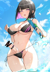 Rule 34 | 1girl, :o, bare arms, bare shoulders, bikini, black bikini, black hair, breasts, cameltoe, censored, cleavage, colored inner hair, cum, day, ejaculation, erection, futanari, gluteal fold, groin, hair ornament, hairclip, highres, holding, large breasts, looking at viewer, luse maonang, multicolored hair, navel, open mouth, original, outdoors, partially visible vulva, penis, pink eyes, short hair, side-tie bikini bottom, skindentation, solo, stomach, string bikini, swimsuit, thighs, two-tone hair, wading, wardrobe malfunction, water, water gun, yuuki mama