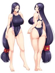 Rule 34 | 1girl, akitsuki karasu, ass, back, barefoot, blush, breasts, competition swimsuit, covered navel, fate/grand order, fate (series), full body, highleg, highleg swimsuit, large breasts, long hair, looking at viewer, minamoto no raikou (fate), multiple views, one-piece swimsuit, open mouth, parted bangs, purple eyes, purple hair, purple one-piece swimsuit, smile, swimsuit, toes, very long hair