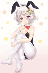 Rule 34 | 1girl, absurdres, ahoge, animal ears, ass, bare shoulders, black leotard, bow, bowtie, breasts, cameltoe, cleavage, detached collar, fake animal ears, feet, finger to mouth, flower, hair flower, hair ornament, hairband, highres, knees to chest, knees up, kokkoro (princess connect!), legs, leotard, pantyhose, playboy bunny, pointy ears, princess connect!, rabbit ears, red bow, red bowtie, red eyes, see-through, short hair, silver hair, small breasts, solo, strapless, strapless leotard, thighs, toes, white pantyhose, yuki kokoro