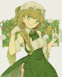 Rule 34 | 1girl, apron, blonde hair, braid, breasts, brooch, clover, clover-shaped pupils, clover hair ornament, dandelion, detached sleeves, flower, four-leaf clover, fujie-yz, gloves, green apron, green eyes, green hat, grin, hair ornament, hair over shoulder, hat, highres, jewelry, long hair, looking at viewer, medium breasts, mob cap, original, shirt, single braid, smile, solo, symbol-shaped pupils, thighhighs, watering can, white flower, white gloves, white hat, white shirt, white thighhighs