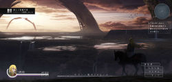 Rule 34 | 1girl, absurdres, achievement unlocked, asteroid ill, bird, blonde hair, city, city lights, cityscape, cliff, cloud, cloudy sky, dark, fake screenshot, fantasy, flock, from behind, heads-up display, health bar, highres, hill, horizon, horse, horseback riding, iris (asteroid ill), long hair, megastructure, minimap, original, outdoors, riding, ruins, scenery, sky, solo, sunset, translated, user interface, very long hair, water, waterfall, wide shot