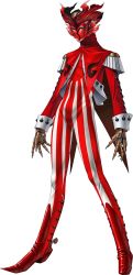 Rule 34 | 1boy, apollo (persona 2), arms at sides, bodysuit, cape, epaulettes, full body, highres, kazuma kaneko, male focus, mask, metal gloves, official art, persona, persona 2, pointy footwear, shoes, shoulder pads, solo, spurs, standing, transparent background