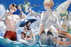 Rule 34 | 1girl, 2others, 3boys, abs, androgynous, artist name, belt, bikini, black bikini, blonde hair, blue eyes, breasts, brown belt, brown hair, check gender, child, child gilgamesh (fate), cloud, day, duck innertube, earrings, enkidu (fate), eyewear on head, fate/grand order, fate (series), food, food in mouth, fruit, gender request, gilgamesh, gilgamesh (caster) (fate), gilgamesh (fate), green hair, grey eyes, grey pants, hands in pockets, highres, holding, holding food, holding swim ring, holding umbrella, holding water gun, inflatable toy, innertube, instagram username, jewelry, kingu (fate), long hair, looking at viewer, male swimwear, medium breasts, multiple boys, multiple others, navel, nipples, open clothes, open shirt, outdoors, pants, partially submerged, ponytail, popsicle, popsicle in mouth, purple eyes, red eyes, red male swimwear, red swim trunks, shei99, shirt, short hair, siduri (fate), sky, smile, splashing, summer, sunglasses, swim ring, swim trunks, swimsuit, toned, toned male, twitter username, umbrella, visor cap, water, water gun, watermelon, white shirt