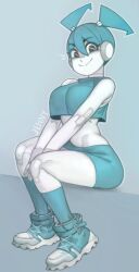 Rule 34 | 1girl, android, aqua hair, character name, closed mouth, colored skin, crop top, highres, jenny wakeman, joints, kelvin hiu, looking at viewer, metal skin, my life as a teenage robot, robot, robot joints, screw, short hair, sitting, skirt, smile, solo, v arms, white skin