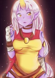 Rule 34 | 1girl, bad id, bad pixiv id, brown eyes, colored skin, horns, lamb (tibberz), league of legends, long hair, pointy ears, ponytail, purple skin, single horn, solo, soraka (league of legends), tattoo, very long hair, white hair, yellow eyes