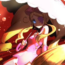 Rule 34 | 10s, 1girl, big hair, blonde hair, blue eyes, bow, dress, earrings, eyepatch, hair bow, harime nui, holysnow, jewelry, kill la kill, long hair, parasol, pink bow, shaded face, smile, solo, strapless, strapless dress, umbrella