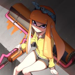 Rule 34 | 1girl, bandana, black shorts, blue bandana, blunt bangs, carbon roller (splatoon), closed mouth, commentary request, dolphin shorts, dust cloud, forute na, from above, grey shirt, highres, holding, holding weapon, inkling, inkling girl, inkling player character, jacket, light frown, long hair, long sleeves, looking at viewer, nintendo, orange hair, paint splatter, pointy ears, purple eyes, shade, shirt, short shorts, shorts, sitting, solo, splatoon (series), splatoon 2, tentacle hair, weapon, yellow jacket