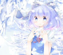 Rule 34 | 1girl, bad id, bad pixiv id, blue eyes, blue hair, bow, cirno, hair bow, ice, ice wings, kinyla, matching hair/eyes, parted lips, ribbon, short sleeves, snowflakes, solo, tears, touhou, wings