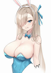 Rule 34 | 1girl, absurdres, asuna (blue archive), asuna (bunny) (blue archive), bare shoulders, blonde hair, blue archive, blue bow, blue bowtie, blue eyes, blue leotard, blush, bow, bowtie, breasts, cleavage, collarbone, commentary, covered navel, cropped torso, detached collar, hair bow, hair over one eye, hairband, highres, large breasts, leotard, long hair, looking at viewer, mole, mole on breast, parted lips, playboy bunny, simple background, smile, solo, strapless, strapless leotard, symbol-only commentary, upper body, very long hair, white background, white hairband, ying jing meng