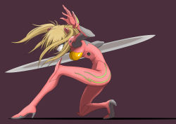 Rule 34 | 1girl, ass, blonde hair, blue eyes, breasts, double-blade, full body, hair ornament, hair over one eye, hanging breasts, high heels, holding, holding weapon, kneeling, long hair, neon genesis evangelion, on one knee, pale skin, plugsuit, solo, souryuu asuka langley, twintails, weapon, wide hips