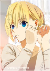 Rule 34 | 1boy, androgynous, blonde hair, blue eyes, earrings, face, highres, hunter x hunter, izuo, jewelry, kurapika, lips, male focus, mouth hold, solo, trap