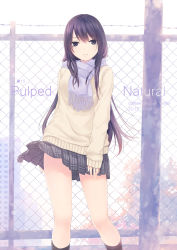 Rule 34 | 1girl, barbed wire, black hair, black socks, blush, chain-link fence, clothes lift, coffee-kizoku, commentary request, fence, highres, long hair, looking at viewer, open mouth, original, plaid, plaid skirt, purple eyes, scarf, school uniform, shiramine rika, skirt, skirt lift, smile, socks, solo, sweater, wind, wind lift
