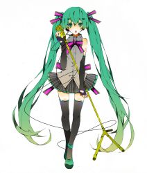 Rule 34 | 1girl, bow, bowtie, elbow gloves, fingerless gloves, gloves, green eyes, green hair, hatsune miku, long hair, matching hair/eyes, microphone, microphone stand, open mouth, simple background, skirt, solo, thighhighs, twintails, very long hair, vocaloid, white background, yuuya (n-m-t)