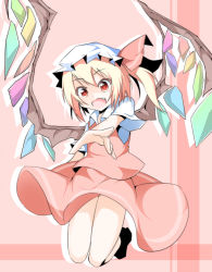 Rule 34 | 1girl, blonde hair, fang, female focus, flandre scarlet, full body, hakobako, hat, open mouth, outstretched arm, red eyes, short hair, side ponytail, skirt, skirt set, solo, embodiment of scarlet devil, touhou, wide-eyed, wings