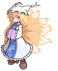 Rule 34 | 1girl, animal hat, blonde hair, brown footwear, closed mouth, dress, fox tail, full body, hands in opposite sleeves, hat, kitsune, long sleeves, mob cap, multiple tails, puyopuyo, shinmon akika, short hair, simple background, solo, standing, tabard, tail, touhou, white background, white dress, white hat, yakumo ran, yellow eyes