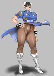 Rule 34 | 1girl, absurdres, boots, breasts, brown hair, brown pantyhose, bun cover, capcom, china dress, chinese clothes, chun-li, covered erect nipples, crotch seam, double bun, dress, female focus, female pubic hair, full body, groin, hair bun, hand on own hip, highres, hip focus, large breasts, legs, looking at viewer, midou tsukasa, navel, no panties, pantyhose, pelvic curtain, pubic hair, sash, see-through, short hair, solo, standing, street fighter, thick thighs, thighs, uncensored