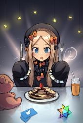 Rule 34 | 1girl, abigail williams (fate), bendy straw, black bow, black dress, black hat, blonde hair, blue eyes, blush, bow, commentary, cup, dress, drink, drinking glass, drinking straw, drooling, fate/grand order, fate (series), food, forehead, fork, fruit, glint, hair bow, hat, holding, holding fork, holding knife, itunes card, knife, long hair, long sleeves, miya (miyaruta), mouth drool, multiple hair bows, open mouth, orange bow, pancake, pancake stack, parted bangs, plate, polka dot, polka dot bow, saint quartz (fate), sleeves past fingers, sleeves past wrists, solo, strawberry, stuffed animal, stuffed toy, teddy bear, upper body, v-shaped eyebrows