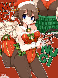 Rule 34 | 1girl, :d, animal ears, ass, bare shoulders, blue eyes, bow, bowtie, breasts, brown hair, brown pantyhose, christmas, cleavage, clothes pull, covered navel, detached collar, fake animal ears, green skirt, hairband, hat, headgear, hiei (kancolle), kanoe soushi, kantai collection, leotard, looking at viewer, medium breasts, merry christmas, multiple persona, open mouth, pantyhose, playboy bunny, rabbit ears, rabbit tail, red background, red hat, red leotard, ribbed sweater, santa hat, short hair, skirt, skirt pull, smile, strapless, strapless leotard, sweater, sweater pull, tail, twitter username, wrist cuffs