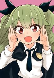 Rule 34 | 1girl, absurdres, anchovy (girls und panzer), anzio school uniform, barashiya, cape, cupping hands, drill hair, girls und panzer, green hair, hair ribbon, highres, long hair, looking at viewer, necktie, open mouth, own hands together, red eyes, ribbon, school uniform, twin drills, twintails