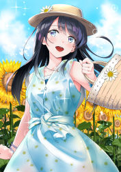 Rule 34 | 1girl, :d, arm at side, armpit peek, bare shoulders, basket, black hair, blue dress, blue eyes, blue sky, blush, brown hat, cloud, collarbone, commentary request, cowboy shot, day, dress, floral print, flower, hat, hat flower, highres, holding, holding basket, jewelry, kinugasa yuuichi, looking away, necklace, open mouth, original, outdoors, pendant, print dress, round teeth, sky, sleeveless, sleeveless dress, smile, solo, sparkle, straight hair, sunflower, swept bangs, teeth, upper teeth only, white flower, wristband