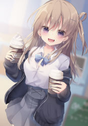 Rule 34 | 1girl, :d, absurdres, bad id, bad pixiv id, bandaid, bandaid on hand, black jacket, blue bow, blurry, blurry background, blush, bow, breasts, brown hair, collared shirt, commentary request, cream, cup, depth of field, dress shirt, dutch angle, earrings, fang, fingernails, grey nails, grey skirt, hair between eyes, hair ornament, hair rings, hairclip, highres, holding, holding cup, jacket, jewelry, long hair, long sleeves, nail polish, one side up, open clothes, open jacket, open mouth, original, pleated skirt, purple eyes, shirt, skirt, sleeves past wrists, small breasts, smile, solo, tsuruse, very long hair, white shirt