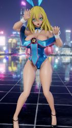 Rule 34 | 1girl, 3d, absurdres, adapted costume, animal ears, artist request, bare legs, bare shoulders, blonde hair, blue footwear, blue leotard, blush stickers, breasts, cameltoe, city, cleavage, dark magician girl, detached collar, duel monster, fake animal ears, hand on own hip, highres, leotard, long hair, magical girl, night, night sky, open mouth, playboy bunny, rabbit ears, shiny skin, skirt, sky, smile, solo, yu-gi-oh!, yu-gi-oh! duel monsters