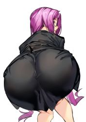 Rule 34 | 1girl, alternate costume, ashiomi masato, ass, breasts, cleavage, come hither, fate/grand order, fate/stay night, fate (series), formal, glasses, huge ass, long hair, looking at viewer, medusa (fate), medusa (rider) (fate), office lady, pencil skirt, purple eyes, purple hair, simple background, skirt, skirt suit, solo, suit, very long hair, white background