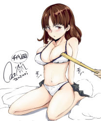 Rule 34 | 10s, 1girl, admiral (kancolle), bikini pull, blush, bra, breasts, brown eyes, brown hair, character name, chiyoda (kancolle), cleavage, clothes pull, collarbone, kantai collection, large breasts, looking down, navel, out of frame, panties, parted lips, rizzl, signature, simple background, sitting, solo focus, thighs, twitter username, underwear, underwear only, white background, white bra, white panties