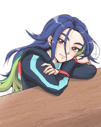 Rule 34 | 1boy, adaman (pokemon), aged down, blue hair, brown eyes, closed mouth, commentary request, creatures (company), crossed arms, game freak, green hair, grey jacket, head tilt, highres, hood, hood down, hooded jacket, jacket, kiiro tane, looking at viewer, male focus, multicolored hair, nintendo, pokemon, pokemon legends: arceus, solo, table