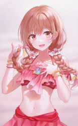 Rule 34 | 1girl, bare shoulders, bikini, bikini skirt, bracelet, braid, brown hair, character request, copyright request, cowboy shot, flower, hair flower, hair ornament, hands up, highres, holding, holding hair, jewelry, looking at viewer, navel, pink bikini, simple background, smile, solo, stomach, swimsuit, tokkyu, twin braids