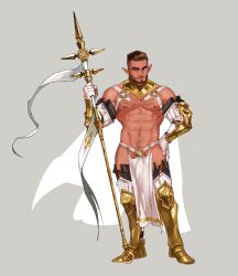 Rule 34 | 1boy, abs, absurdres, armor, banner, bara, bare pectorals, bare shoulders, battle standard, beard, black thighhighs, bracer, brown hair, bulge, chest harness, commission, cross, cross-laced clothes, cross-laced legwear, elf, facial hair, full body, gloves, gold collar, harness, highres, holding, holding polearm, holding weapon, large pectorals, looking at viewer, male focus, matty (radicallymaxton), mature male, muscular, muscular male, mustache stubble, navel, navel hair, nipples, original, pectorals, pelvic curtain, planted, pointy ears, polearm, priest, revealing clothes, second-party source, seductive smile, short hair, smile, solo, spear, standing, stomach, tachi-e, thick eyebrows, thighhighs, thighs, undercut, v-taper, war banner, weapon, white gloves