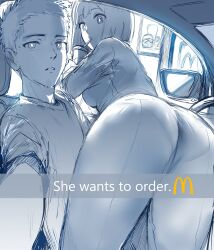 Rule 34 | 1boy, 1girl, absurdres, ass, ass focus, breasts, car, car interior, car seat, commentary, drinking, drinking straw, drinking straw in mouth, drive-thru, english commentary, english text, fake phone screenshot, fake screenshot, fast food, he wants to order (meme), hews, highres, husband and wife, large breasts, looking at viewer, lying on person, mcdonald&#039;s, mcdonald&#039;s dad, meme, mother (yoru mac), motor vehicle, panties visible through clothes, pantylines, poster (object), selfie, short hair, side-view mirror, sketch, snapchat, steering wheel, unfinished, wide hips, yoru mac