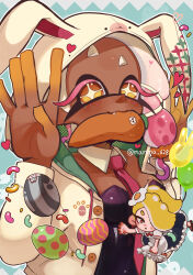 Rule 34 | 1boy, 2girls, absurdres, alternate costume, alternate hair color, animal hood, apron, arms up, artist name, balloon, big man (splatoon), black leotard, blonde hair, blue dress, blush, breasts, candy, chestnut mouth, collar, collarbone, commentary request, dark-skinned female, dark skin, detached collar, drawstring, dress, dropping, easter egg, egg, egg hair ornament, fang, food, food-themed hair ornament, frilled apron, frills, frye (splatoon), gradient hair, hair ornament, hair over one eye, hair scrunchie, heart, highres, hood, hood up, hoodie, inkling, jelly bean, leotard, long hair, maid, maid apron, manma 628, medium breasts, mini person, minigirl, mouth hold, multicolored hair, multiple girls, necktie, nintendo, octoling, one eye covered, open mouth, orange eyes, pink hair, rabbit hood, red eyes, red necktie, scrunchie, shiver (splatoon), short eyebrows, splatoon (series), splatoon 3, sprinkles, star-shaped pupils, star (symbol), strapless, strapless leotard, stuffed carrot, stuffed toy, suction cups, sweat, symbol-shaped pupils, two-tone hair, watermark, white apron, white collar, white hair, white hoodie