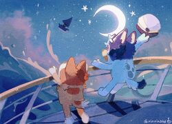 2girls bingo_heeler black_cat bluey bluey_heeler cat cloud cloudy_sky crescent_moon furry furry_female hat highres moon multiple_girls night night_sky ocean painting_(medium) sailor_hat sky smile traditional_media twitter_username watercolor_(medium) waves waving_arm xinxinbird