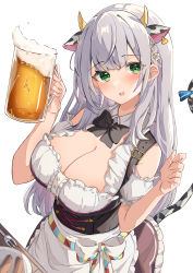 Rule 34 | 1girl, absurdres, alcohol, amefukura art, animal ears, apron, beer, beer mug, black bow, black bowtie, blush, bow, bowtie, breasts, brown skirt, cleavage, commentary request, cow ears, cow horns, cow tail, cup, detached collar, detached sleeves, dirndl, frilled apron, frilled skirt, frills, german clothes, green eyes, highres, holding, holding cup, hololive, horns, large breasts, long hair, looking at viewer, mug, shirogane noel, shirogane noel (dirndl), short sleeves, silver hair, simple background, skirt, solo, tail, teeth, upper teeth only, very long hair, virtual youtuber, white apron, white background