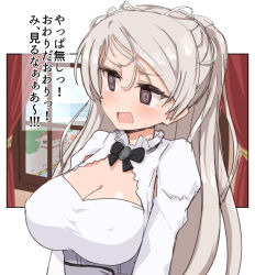 Rule 34 | 1girl, @ @, armpit cutout, breasts, brown eyes, cleavage cutout, clothing cutout, conte di cavour (kancolle), dress, junes, kantai collection, large breasts, long hair, long sleeves, silver hair, solo, translated, two side up, white dress