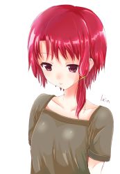 Rule 34 | 1girl, asymmetrical hair, breasts, closed mouth, commentary, fukukaminai, hair ornament, hairclip, highres, iwakura lain, purple eyes, red hair, serial experiments lain, short hair, simple background, single sidelock, small breasts, solo, white background, x hair ornament