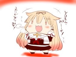 Rule 34 | 10s, 1girl, arms up, black shirt, black skirt, blonde hair, blush, bow, chibi, commentary request, fang, food, hair bow, hair flaps, holding, holding food, kantai collection, long hair, neckerchief, open mouth, red neckerchief, sako (bosscoffee), scarf, school uniform, serafuku, shadow, shirt, skirt, solo, translation request, white background, yellow eyes, yuudachi (kancolle), yuudachi kai ni (kancolle)