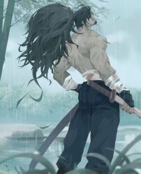Rule 34 | 1boy, back, bamboo, bandaged arm, bandages, bara, black gloves, black hair, black pants, blood, blood on hands, bloody bandages, bloody weapon, facial hair, falling leaves, feet out of frame, fingerless gloves, gloves, goatee, hair over eyes, highres, holding, holding sword, holding weapon, leaf, league of legends, lixiao6342, long hair, male focus, mature male, midriff sarashi, muscular, muscular male, outdoors, pants, ponytail, rain, river, sarashi, scar, scar on arm, scar on back, sideburns, solo, sword, topless male, unsheathed, weapon, wet, wide ponytail, yasuo (league of legends)