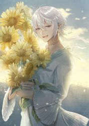 Rule 34 | 1boy, blue eyes, bouquet, clona, day, earrings, flower, grass, highres, holding, holding flower, jewelry, outdoors, pixiv fantasia, pixiv fantasia age of starlight, smile, solo, sunflower, sunlight, tattoo