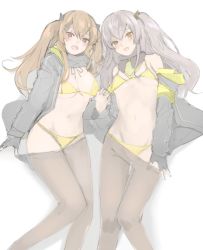 Rule 34 | 2girls, bad id, bad twitter id, bikini, brown hair, clothes lift, clothes pull, commentary, fingerless gloves, girls&#039; frontline, gloves, grey hair, hair ribbon, jacket, looking at viewer, micro bikini, mobu, multiple girls, one side up, pantyhose, pantyhose pull, red eyes, ribbon, scar, scar across eye, scar on face, shirt lift, siblings, side ponytail, simple background, sisters, swimsuit, twins, ump45 (girls&#039; frontline), ump9 (girls&#039; frontline), undressing, white background, yellow bikini, yellow eyes