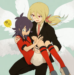 Rule 34 | 2boys, ?, afuro terumi, androgynous, blonde hair, blue eyes, carrying, formal, inazuma eleven, inazuma eleven (series), inazuma eleven go, kishibe daika, kishibe taiga, l hakase, long hair, male focus, multiple boys, multiple wings, open mouth, ponytail, princess, purple hair, red eyes, seraph, wings