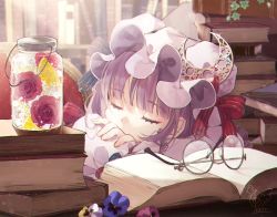 Rule 34 | 1girl, blue bow, blunt bangs, book, bookshelf, bow, capelet, commentary request, crescent, crescent hat ornament, crescent pin, double bun, flower, food, fruit, glasses, hair bow, hair bun, hat, hat ornament, hat ribbon, highres, long hair, mob cap, multi-tied hair, orange (fruit), patchouli knowledge, purple bow, purple capelet, purple eyes, purple hair, purple headwear, red bow, red ribbon, ribbon, sleeping, touhou, toutenkou, very long hair